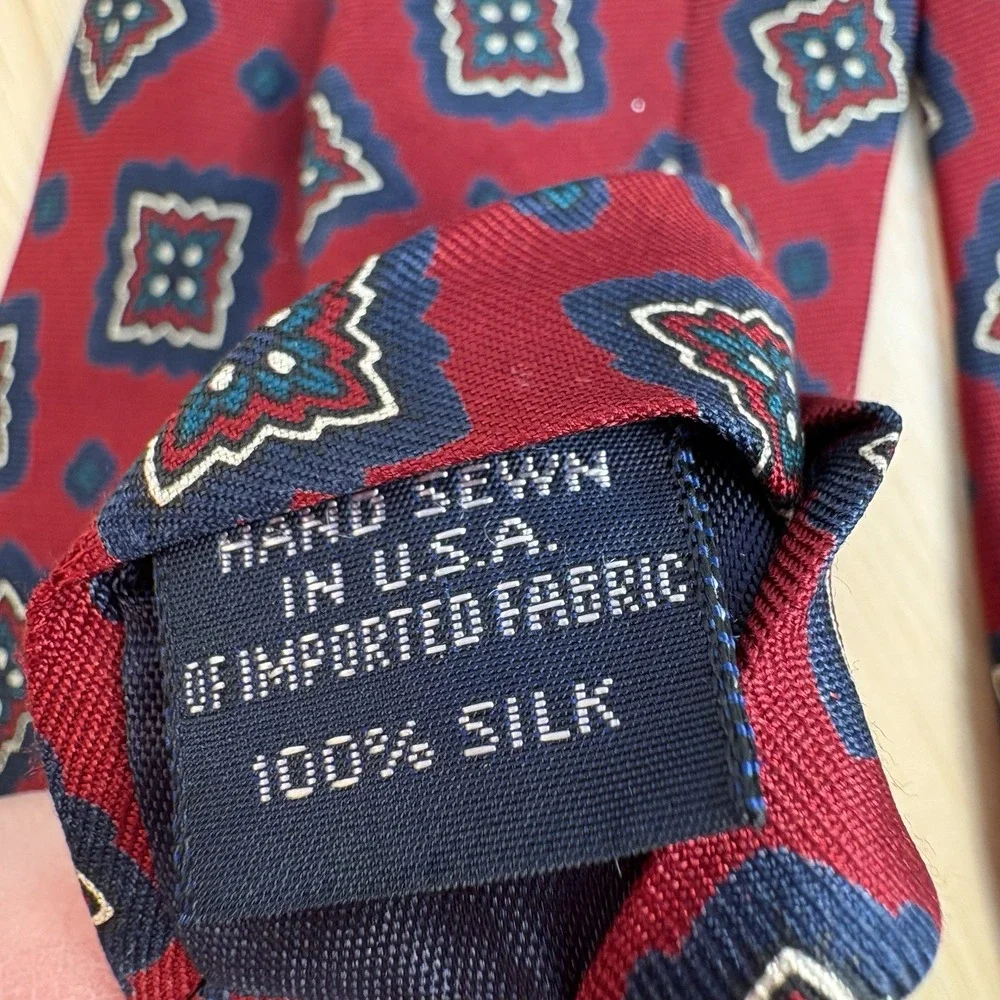 Lands' End Men's Red Blue Geometric Woven Silk Pointed Tie One Size